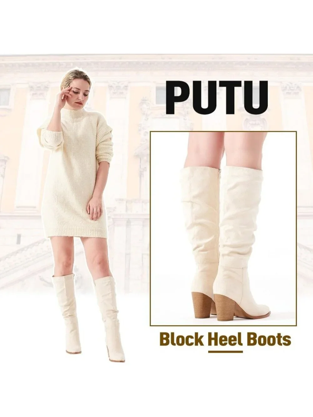 Women's Beige Knee High  Faux Suede Pointed Toe Slouch Boots with Chunky Heel